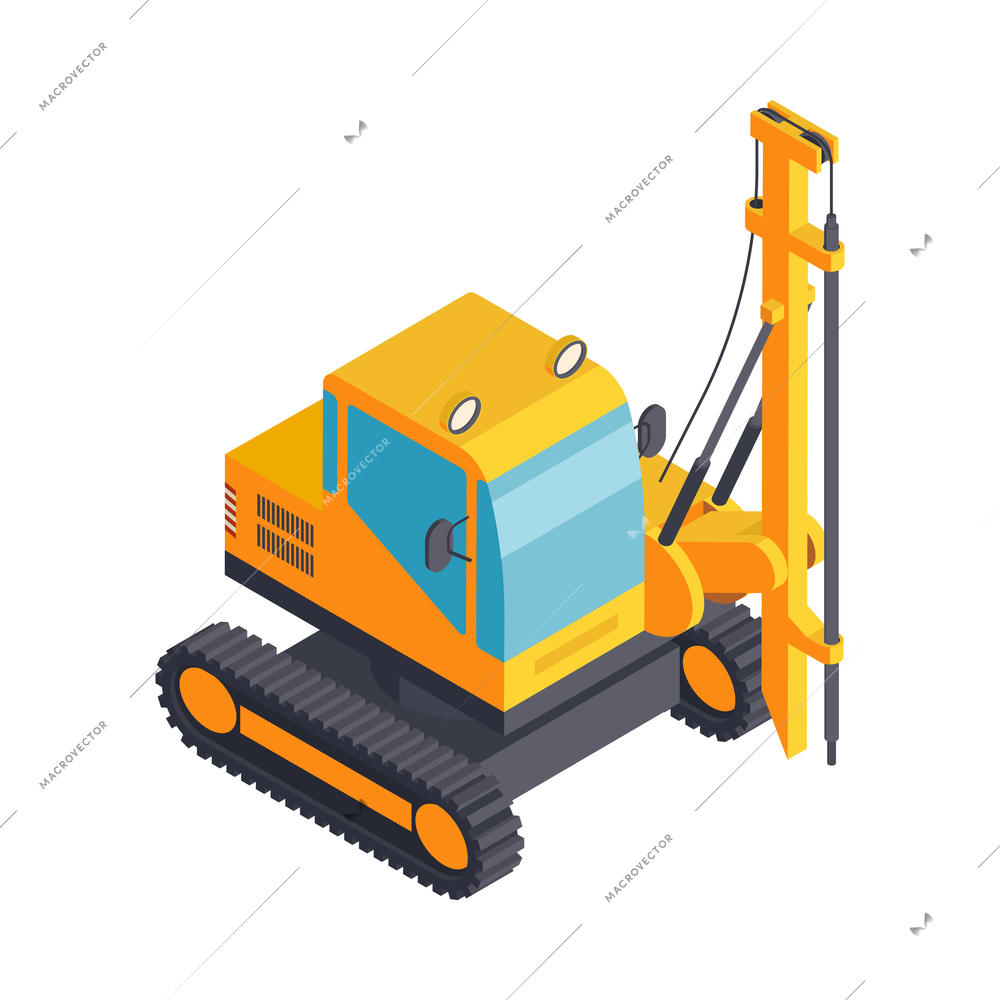 Isometric yellow drilling rig machinery on white background vector illustration