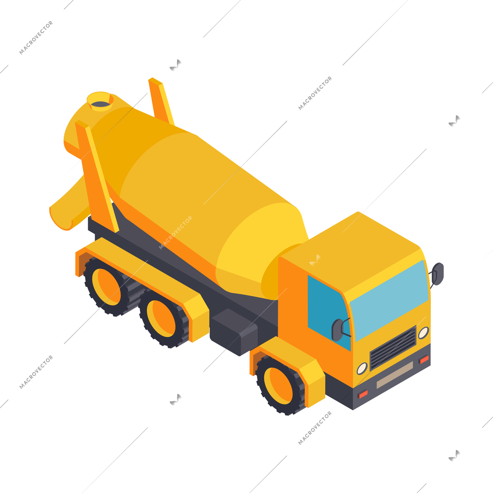 Yellow concrete mixer truck isometric construction vehicle icon 3d vector illustration