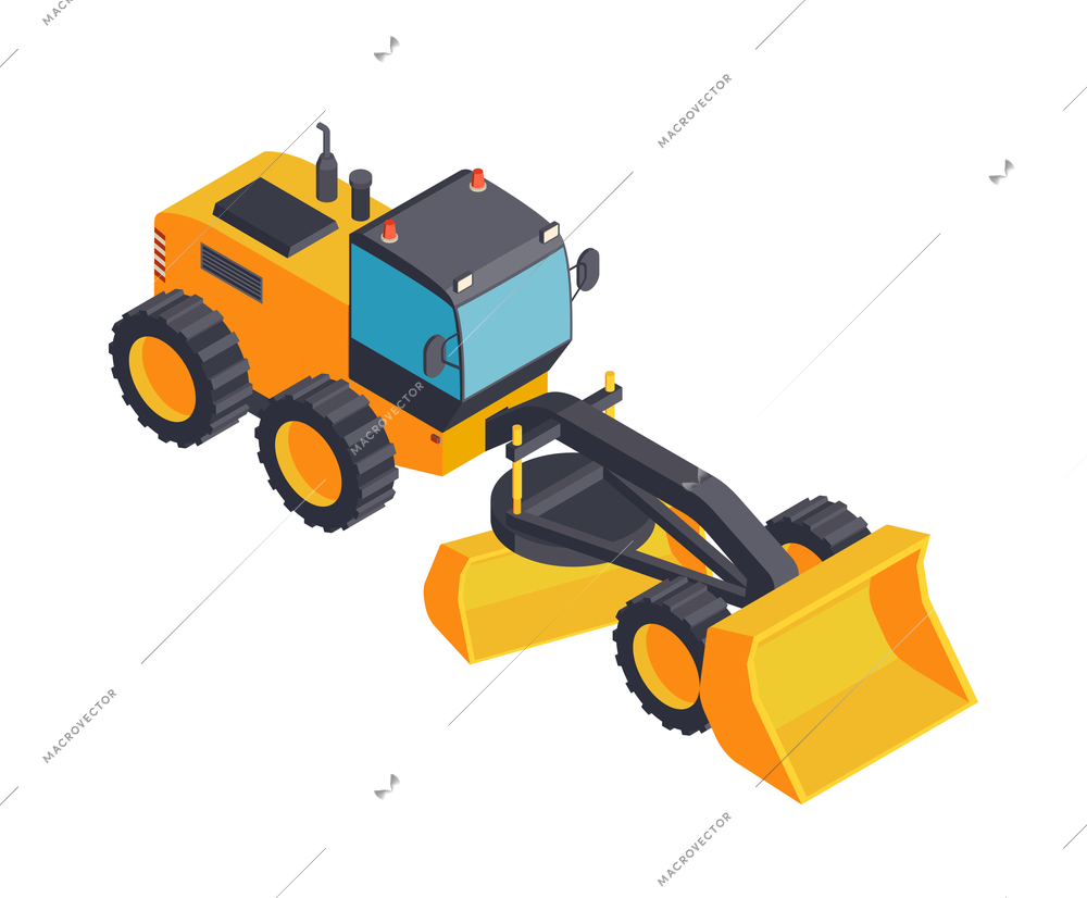 Isometric yellow motor grader on white background 3d vector illustration