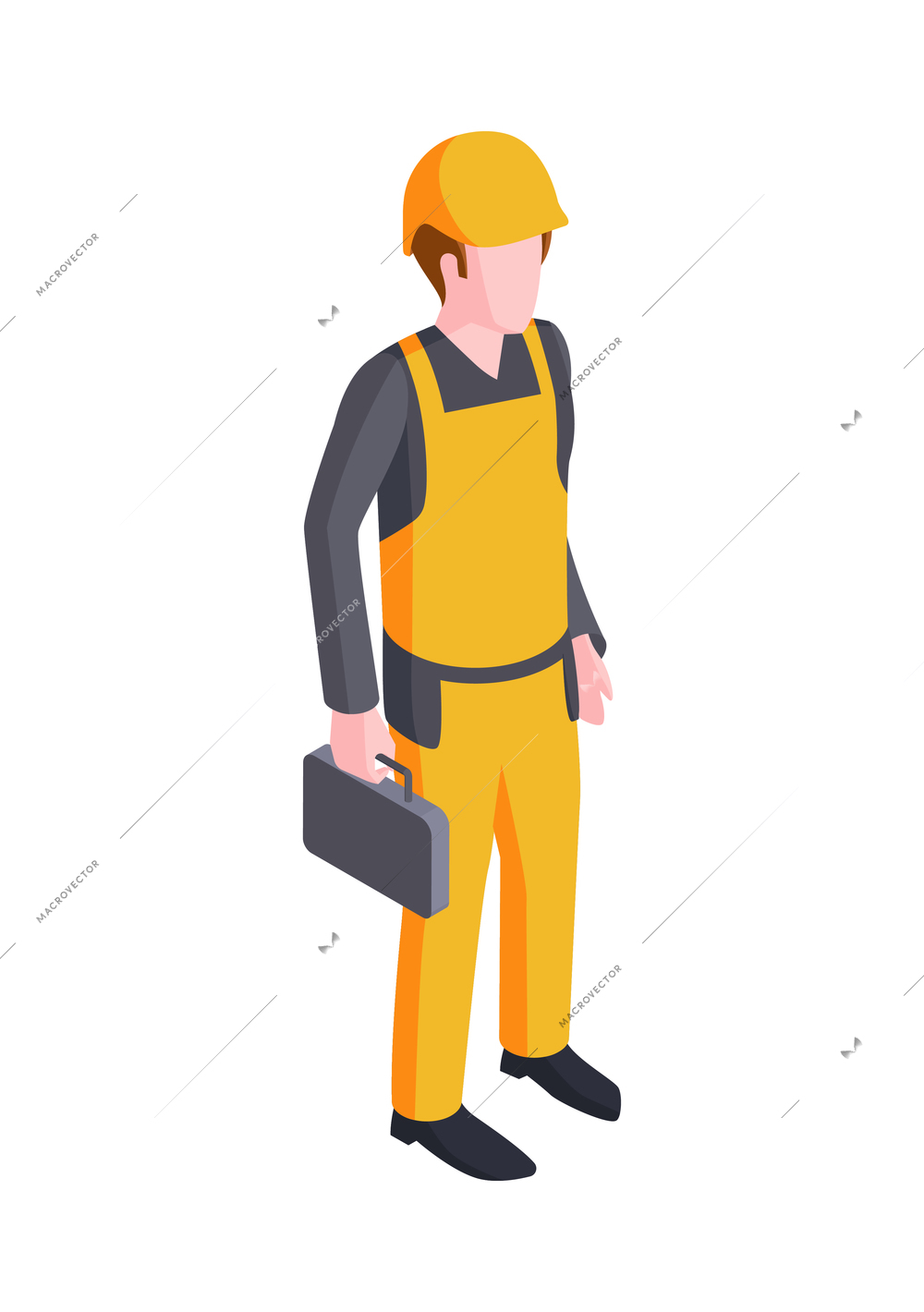 Isometric human character of builder wearing yellow uniform and helmet vector illustration