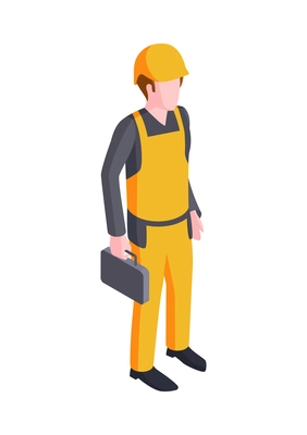Isometric human character of builder wearing yellow uniform and helmet vector illustration