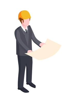 Construction engineer in yellow helmet holding plan isometric icon vector illustration