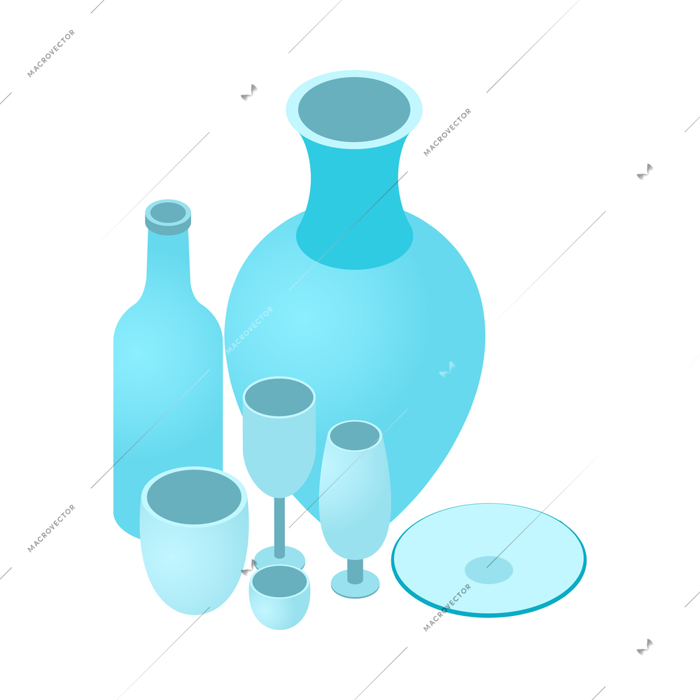 Glassware isometric icon with vase bottle plate cups glasses on white background 3d vector illustration