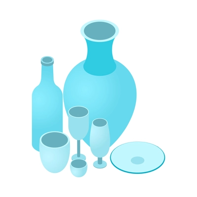 Glassware isometric icon with vase bottle plate cups glasses on white background 3d vector illustration
