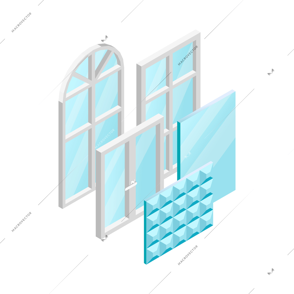 Isometric icon with glass windows sheet and panel on white background 3d vector illustration