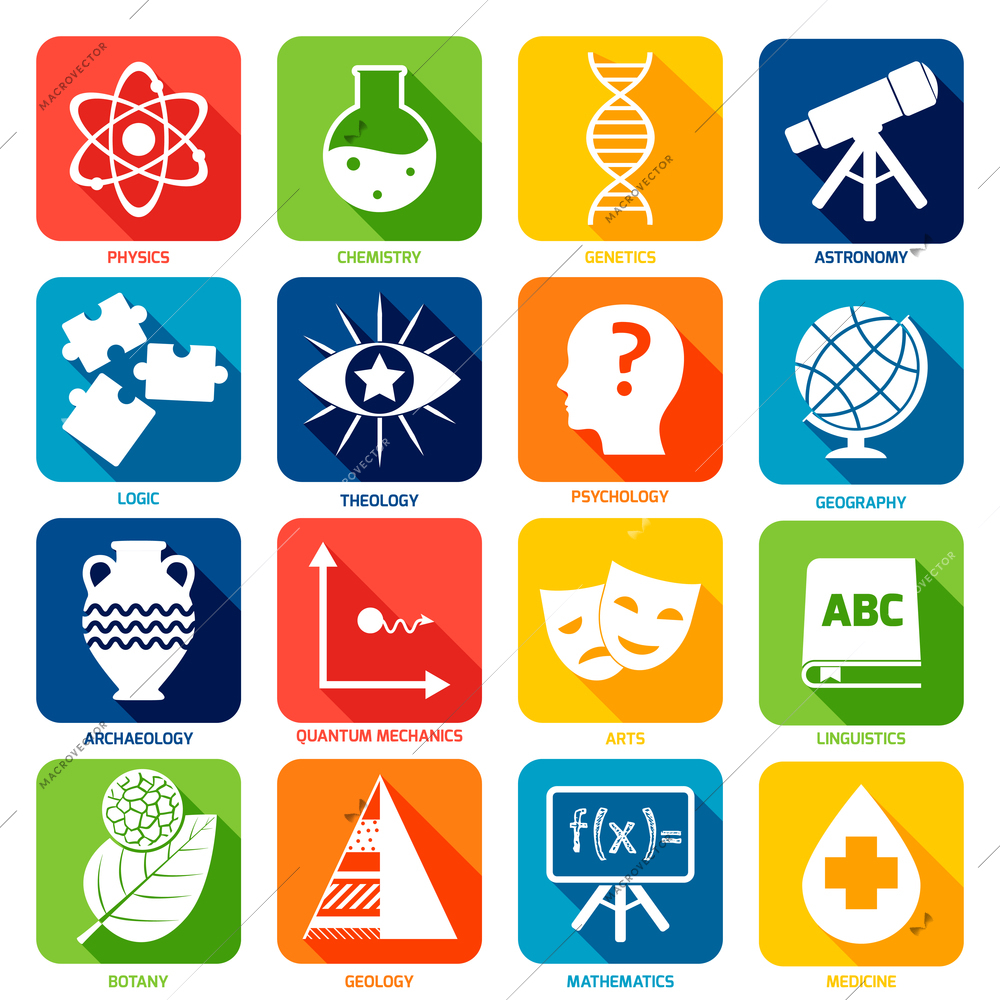 Science areas flat icons set with physics chemistry genetics isolated vector illustration