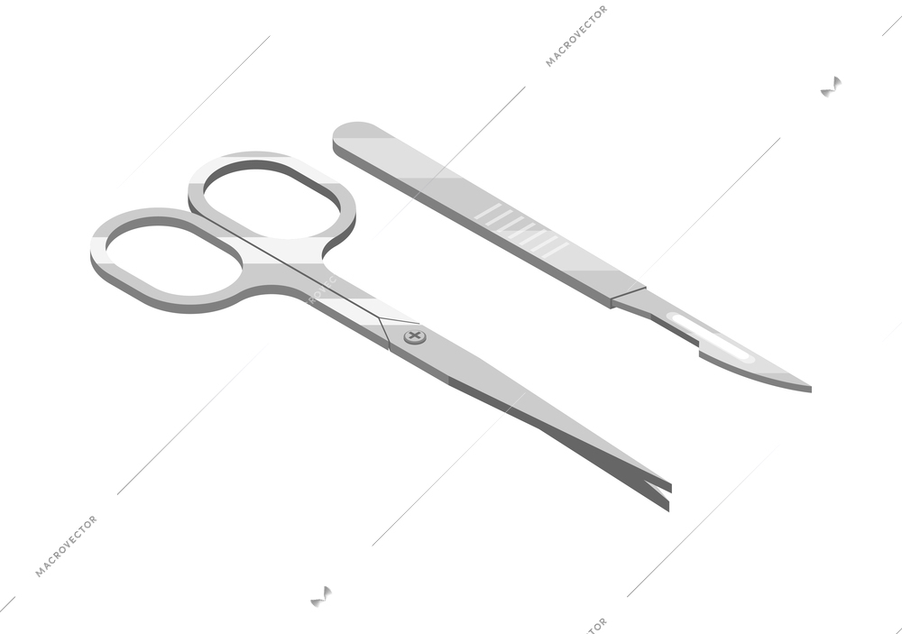 Isometric surgical instruments with isolated forceps and scalpel on white background 3d vector illustration