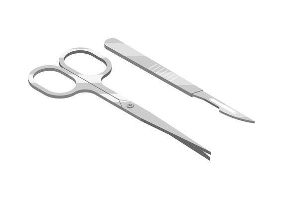 Isometric surgical instruments with isolated forceps and scalpel on white background 3d vector illustration