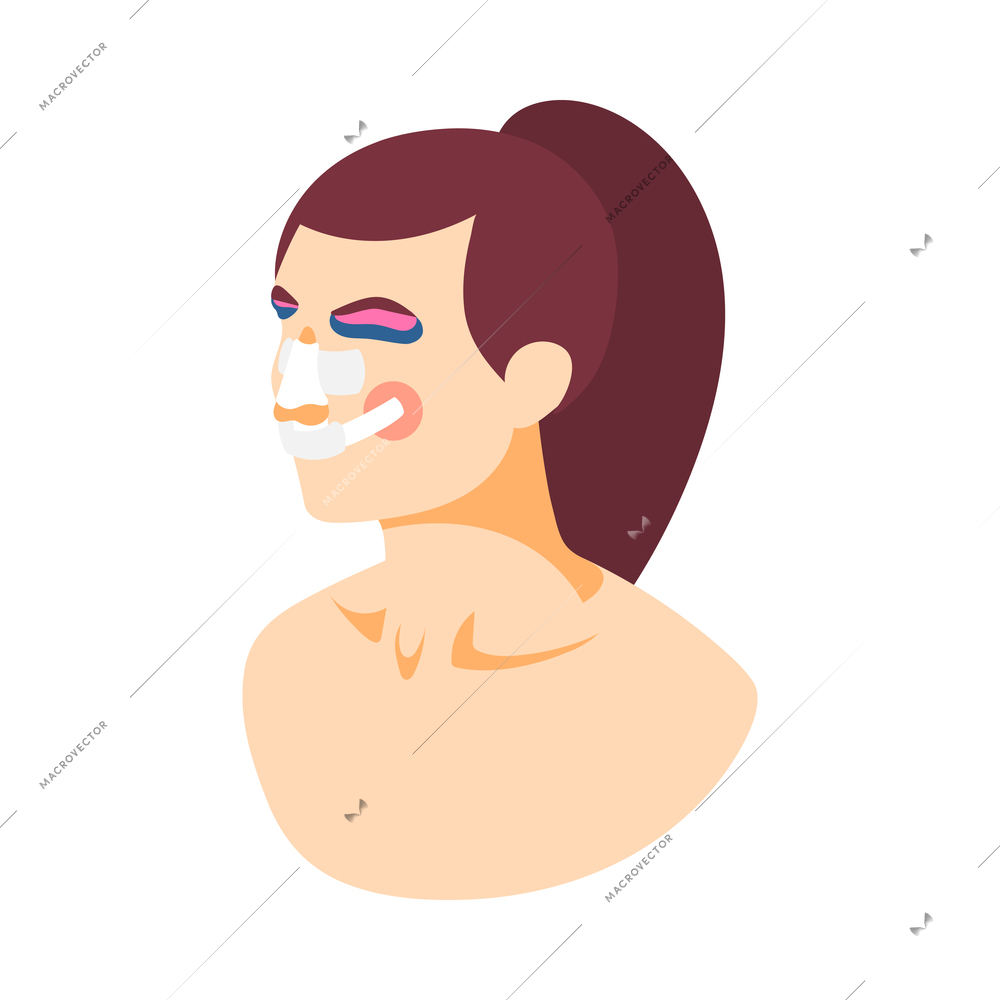 Plastic surgery icon with female character wearing bandage on her nose after rhinoplasty 3d isometric vector illustration