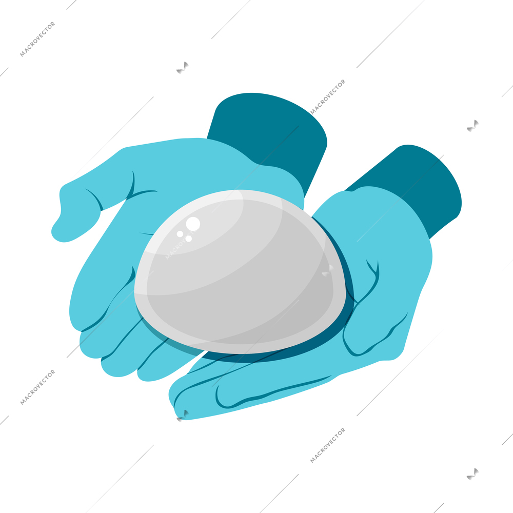 Plastic surgery isometric icon with surgeons hands in gloves holding implant for breasts augmentation vector illustration