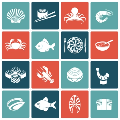 Seafood fish menu restaurant icons set flat with rolls crawfish clam prawn isolated vector illustration
