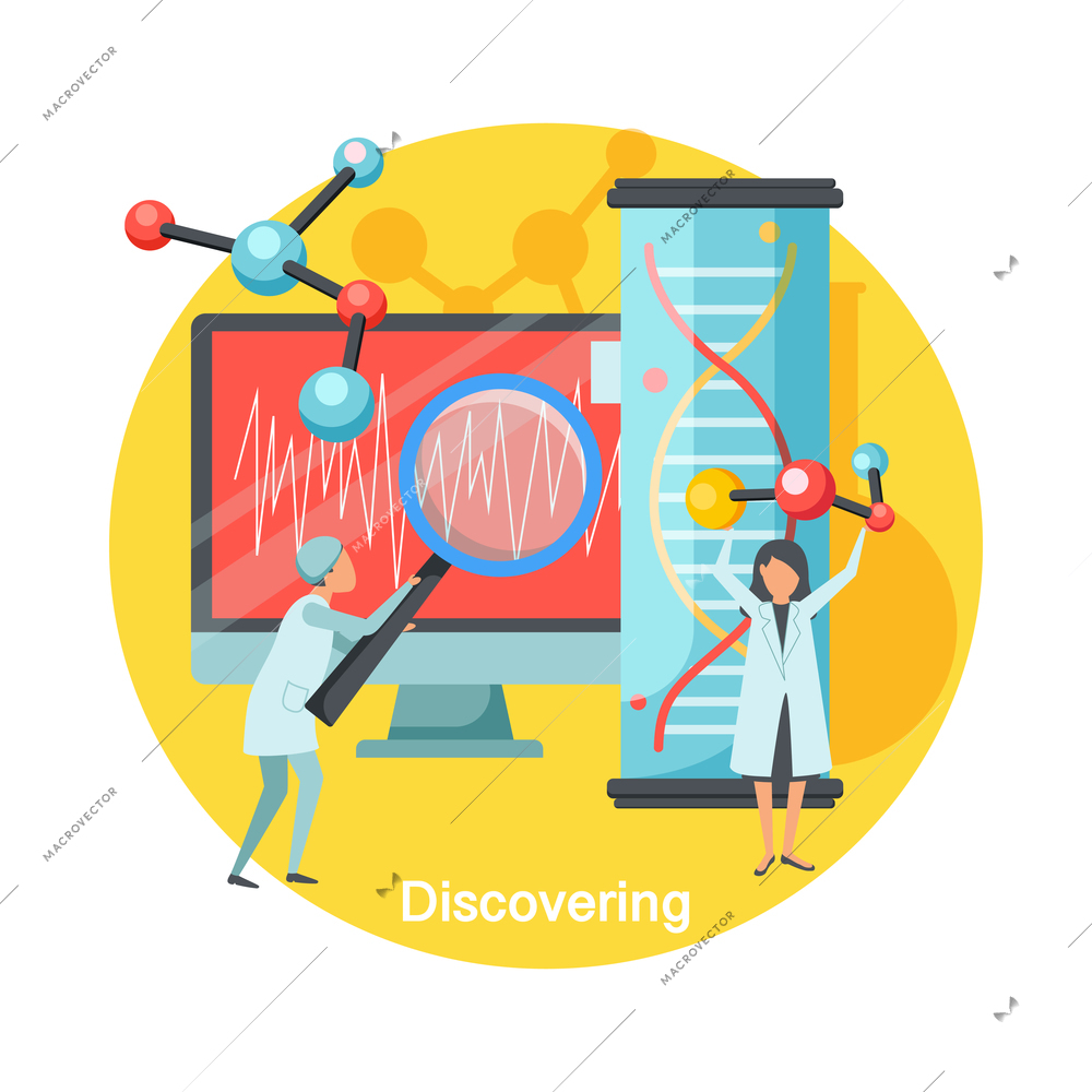 Future technology discovering flat concept icon with two scientists working in scientific laboratory vector illustration