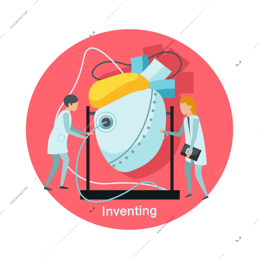 Future technology concept icon with two scientists and artificial human heart flat vector illustration