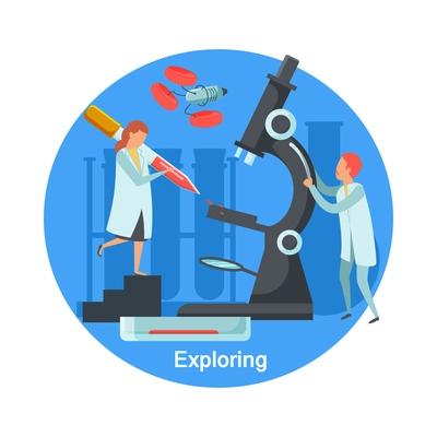 Future technology exploring concept icon with flat characters of scientists working in laboratory with microscope vector illustration