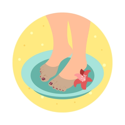 Pedicure spa treatment isometric icon with female feet in basin with water and flower 3d vector illustration