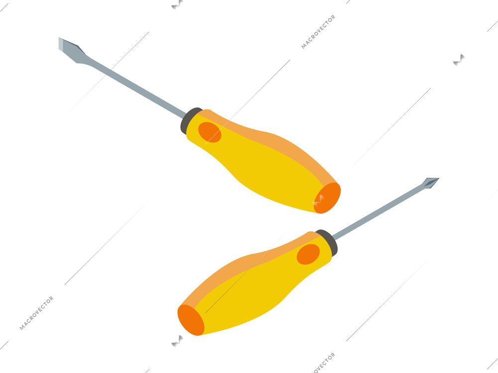 Two screwdrivers with yellow handles isometric icon isolated vector illustration