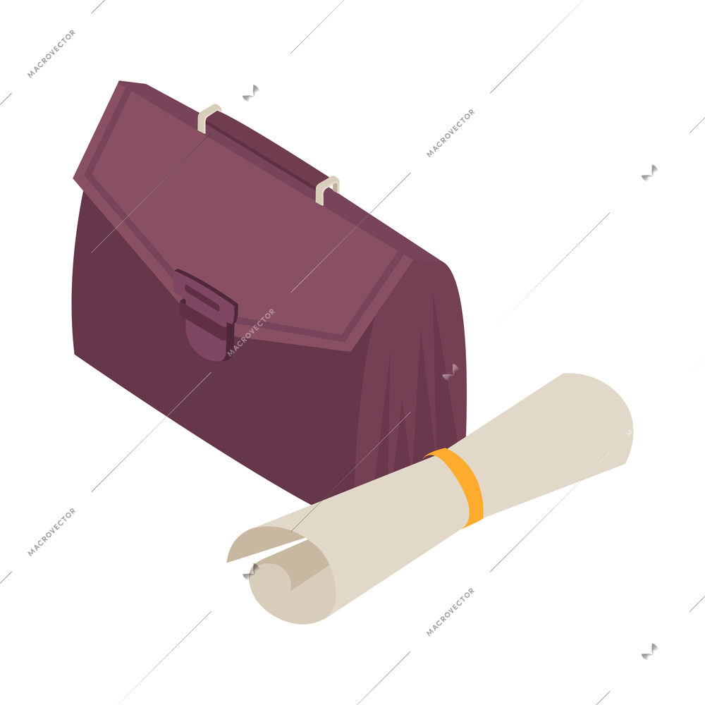 Isometric icon with dark briefcase and paper roll on white background vector illustration