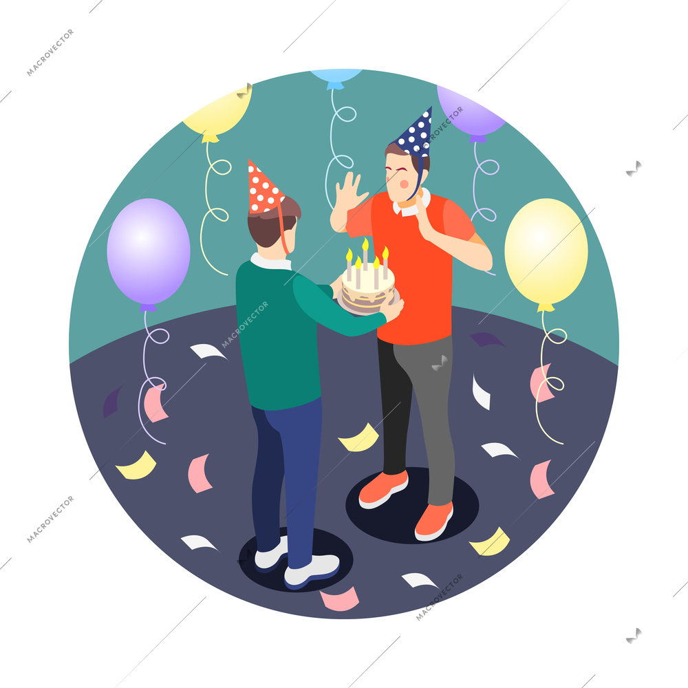 Male friendship isometric icon with two men celebrating birthday with cake 3d vector illustration