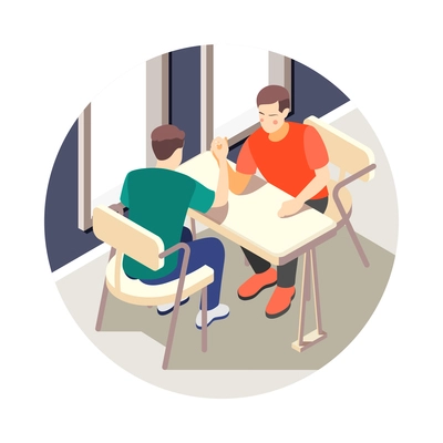 Isometric male friendship icon with two men having fun arm wrestling 3d vector illustration