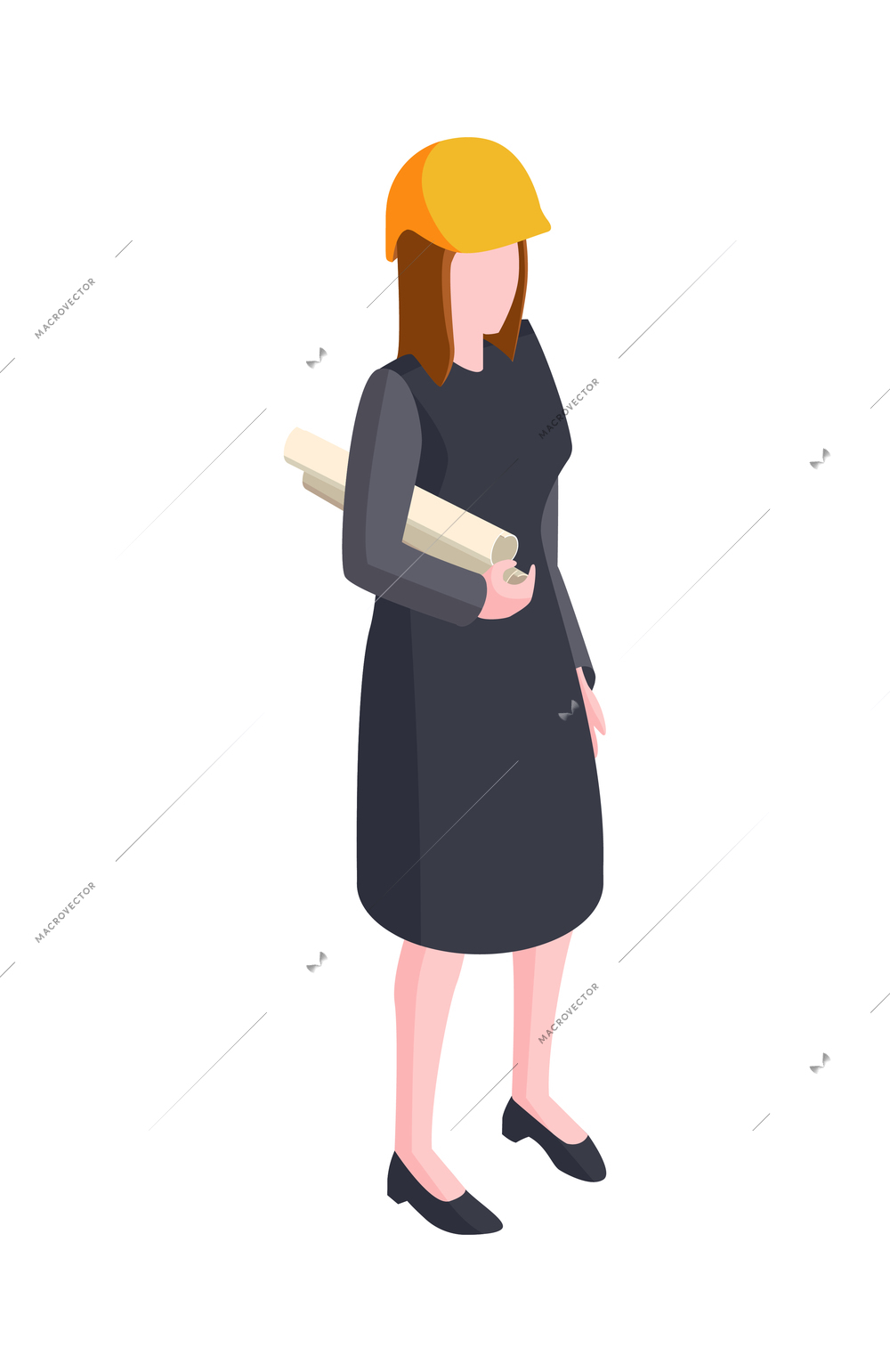 Female construction engineer in yellow hardcap holding paper rolls with plan isometric icon vector illustration