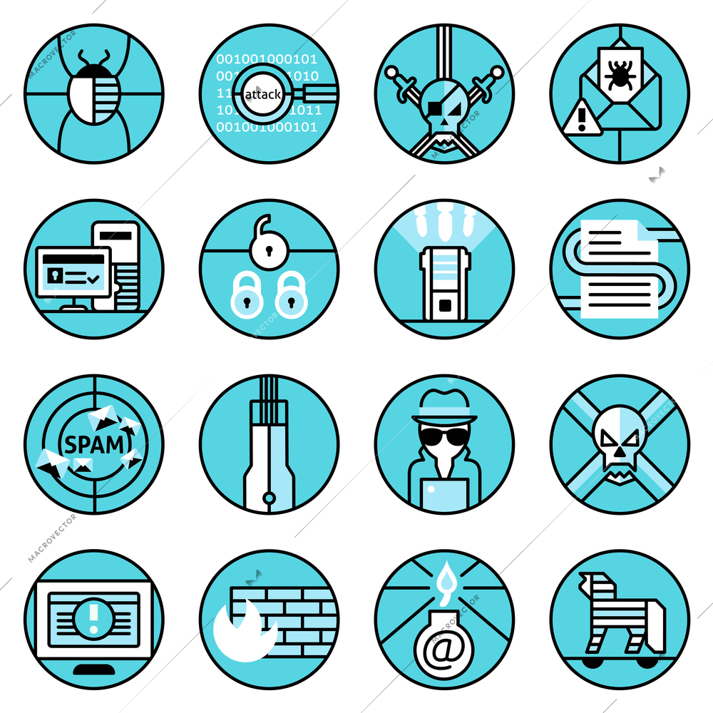 Hacker web security icons blue line set with bug attack skull e-mail virus isolated vector illustration