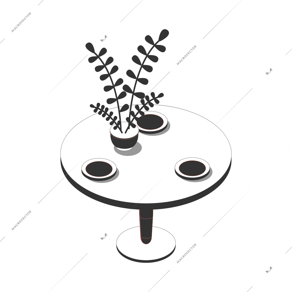 Isometric monochrome icon with round kitchen table with three plates and potted plant 3d vector illustration