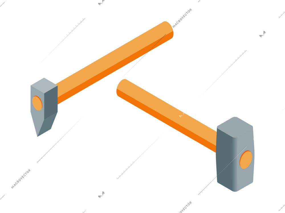 Two isometric hammers of different side on white background isolated vector illustration