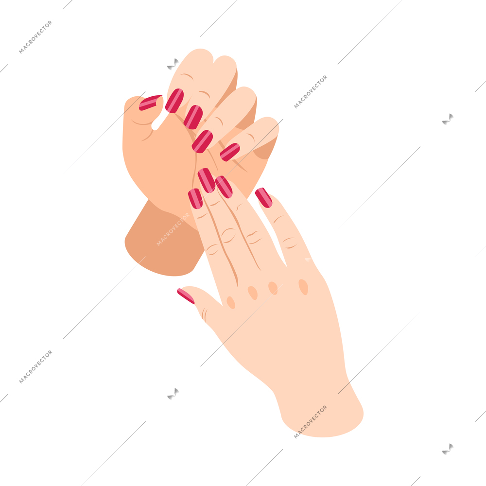 Isometric female hands with bright manicure on nails icon on white background 3d vector illustration