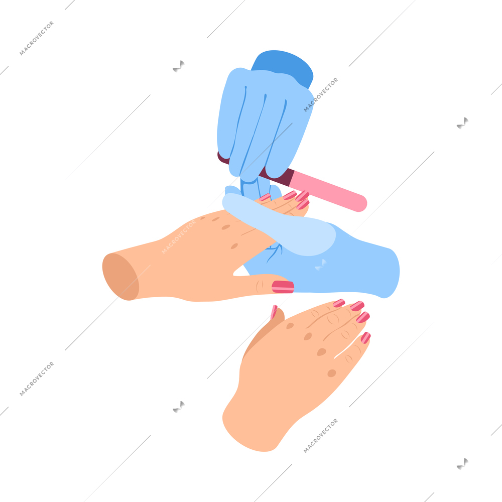 Manicure isometric icon with hands of manicurist in gloves filing nails 3d vector illustration