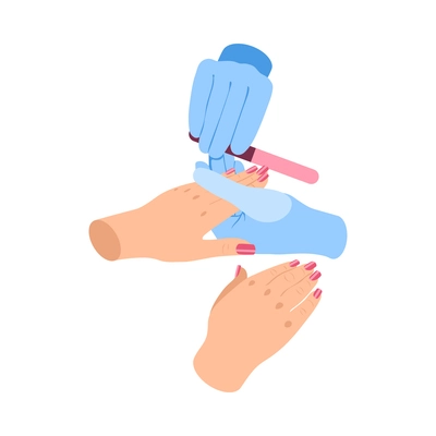 Manicure isometric icon with hands of manicurist in gloves filing nails 3d vector illustration