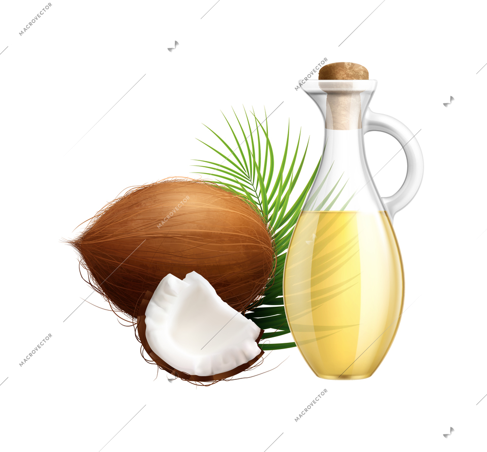 Fresh coconut food oil in glass jar realistic vector illustration