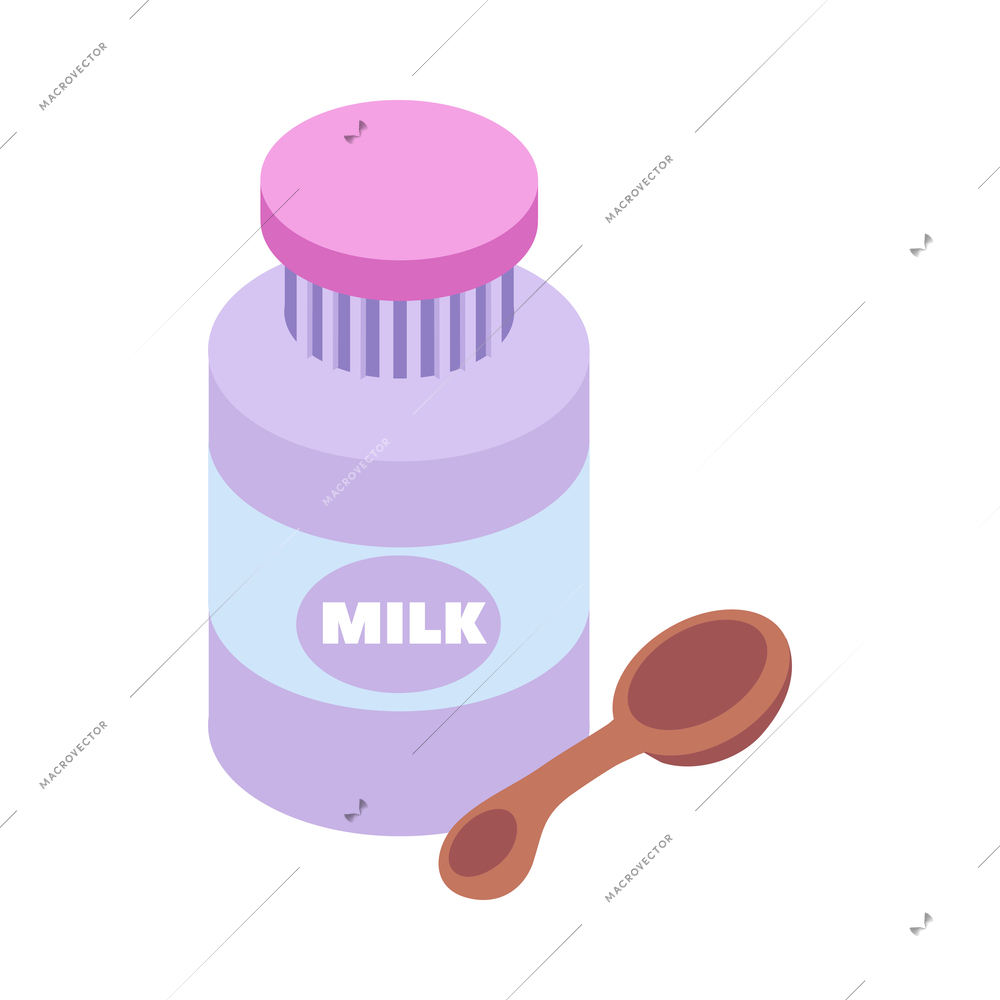 Isometric jar of powedered baby milk with spoon on white background vector illustration