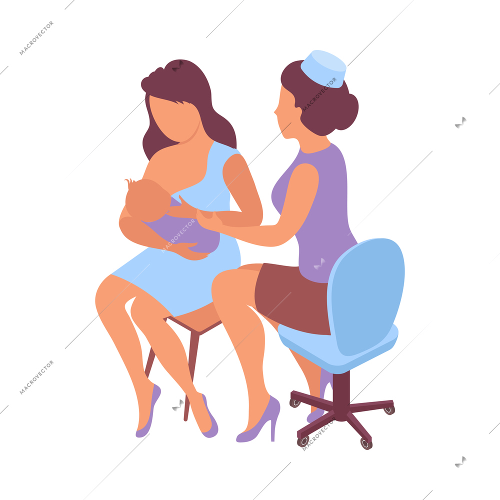 Breastfeeding isometric icon with two female characters and newbord baby 3d vector illustration