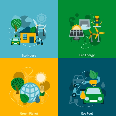 Save planet ecosystem green ecological energy technology house power fuel four flat icons composition abstract vector illustration