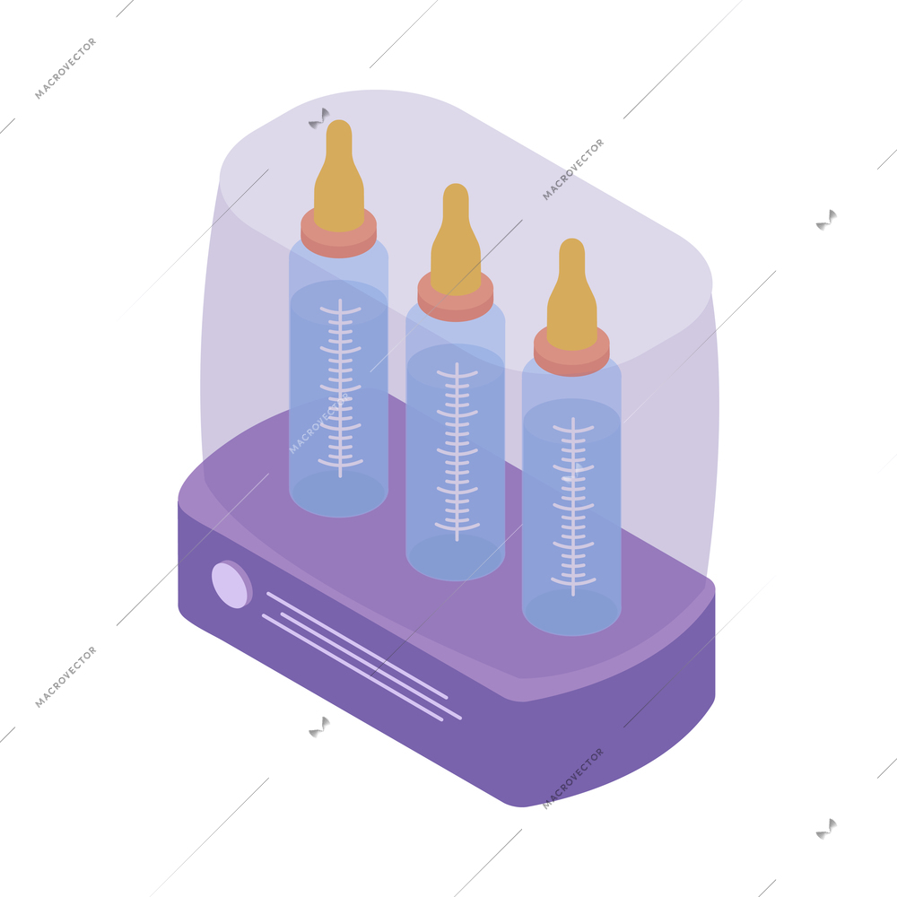 Isometric icon with three baby bottles in sterilizer 3d vector illustration