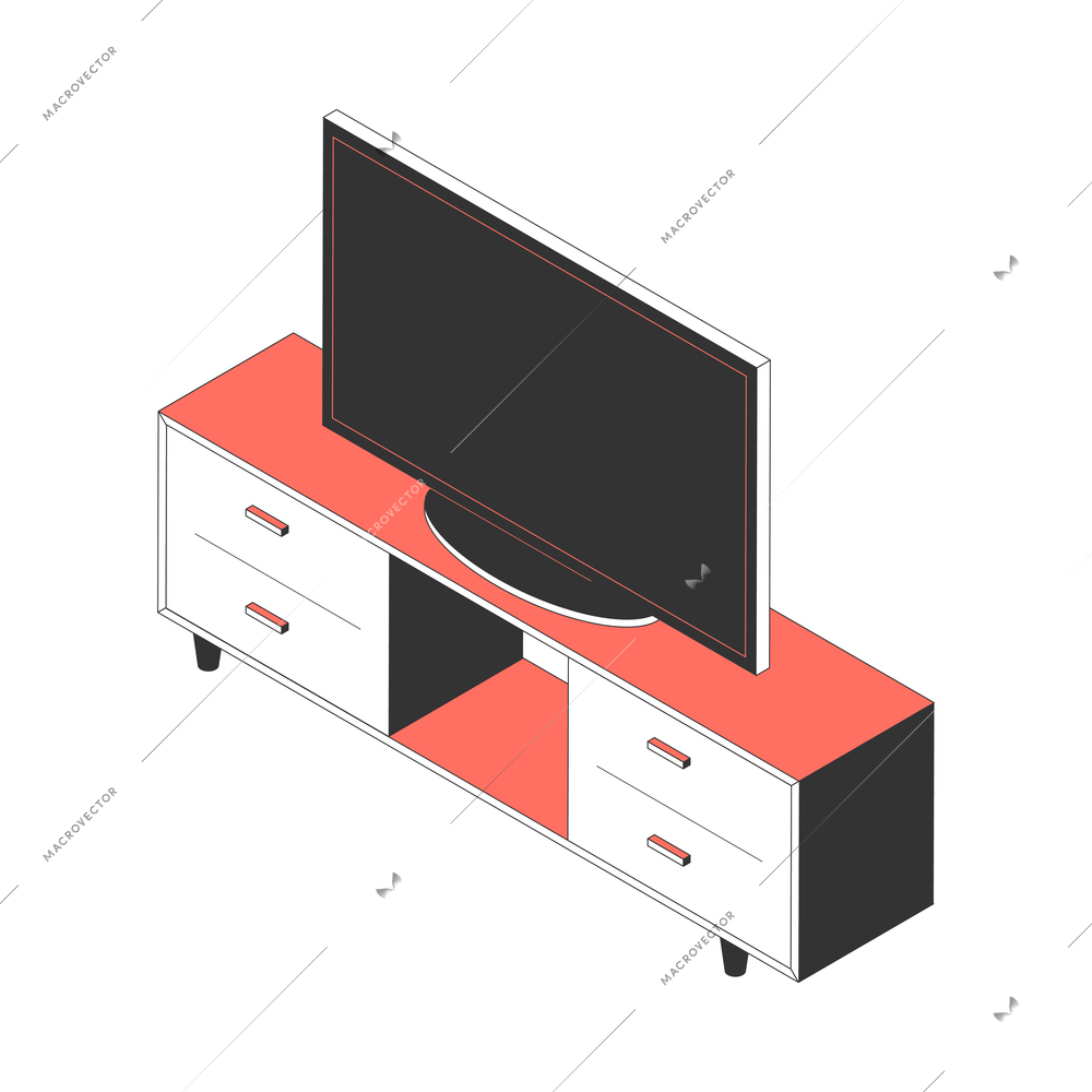 Isometric tv cabinet with drawers for modern living room interior 3d vector illustration