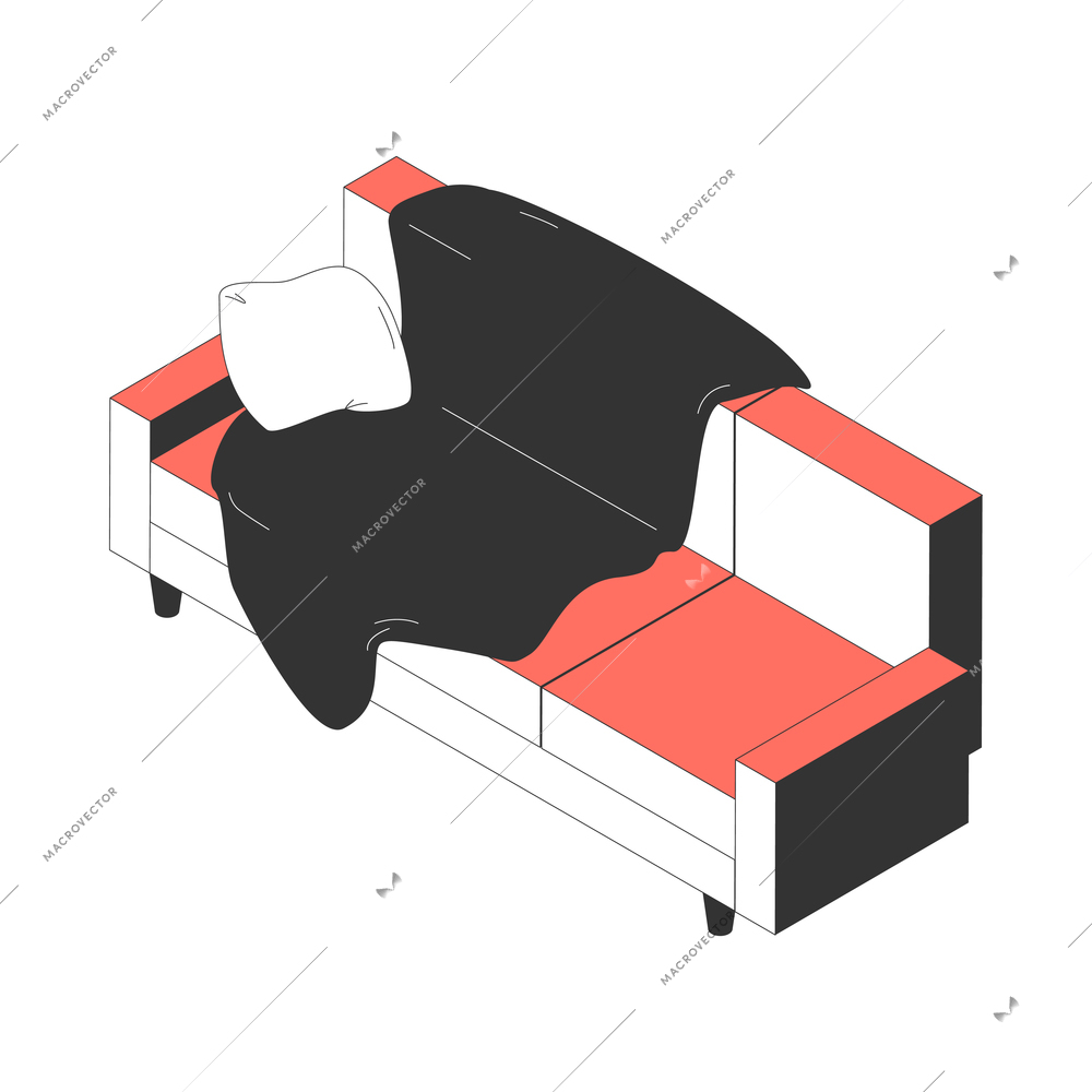 Isometric sofa with black plaid and cushion 3d vector illustration