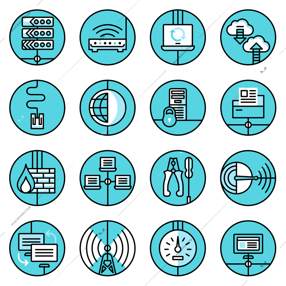 Network data security web technology blue line icons set with control panel router server isolated vector illustration