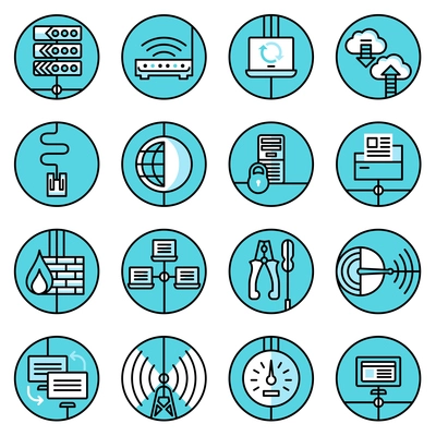 Network data security web technology blue line icons set with control panel router server isolated vector illustration