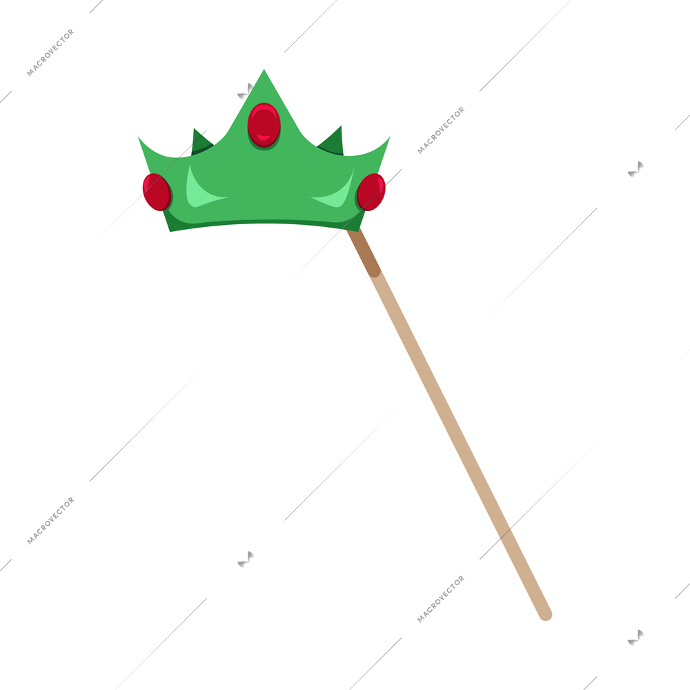 Photo booth props flat icon with green crown on stick vector illustration