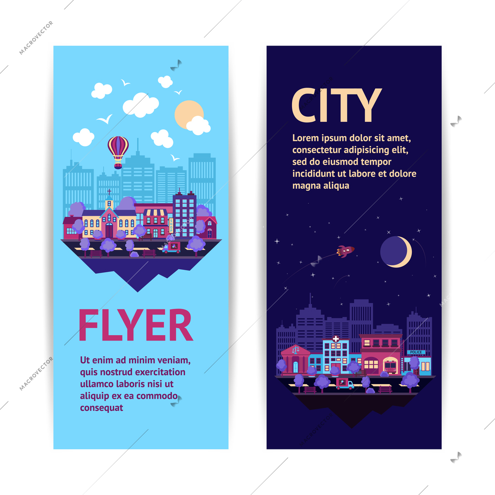 City night scape night and day town architecture vertical banner set isolated vector illustration