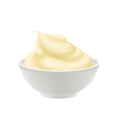 Realistic bowl of fresh mayonnaise on white background vector illustration