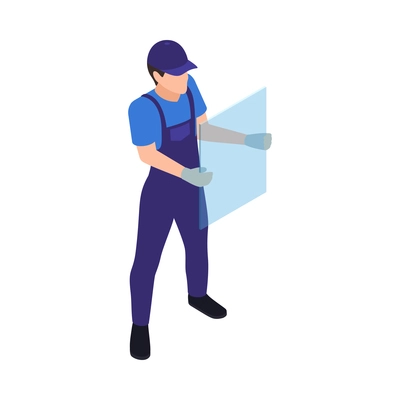 Window production isometric icon with worker in uniform holding glass sheet 3d vector illustration