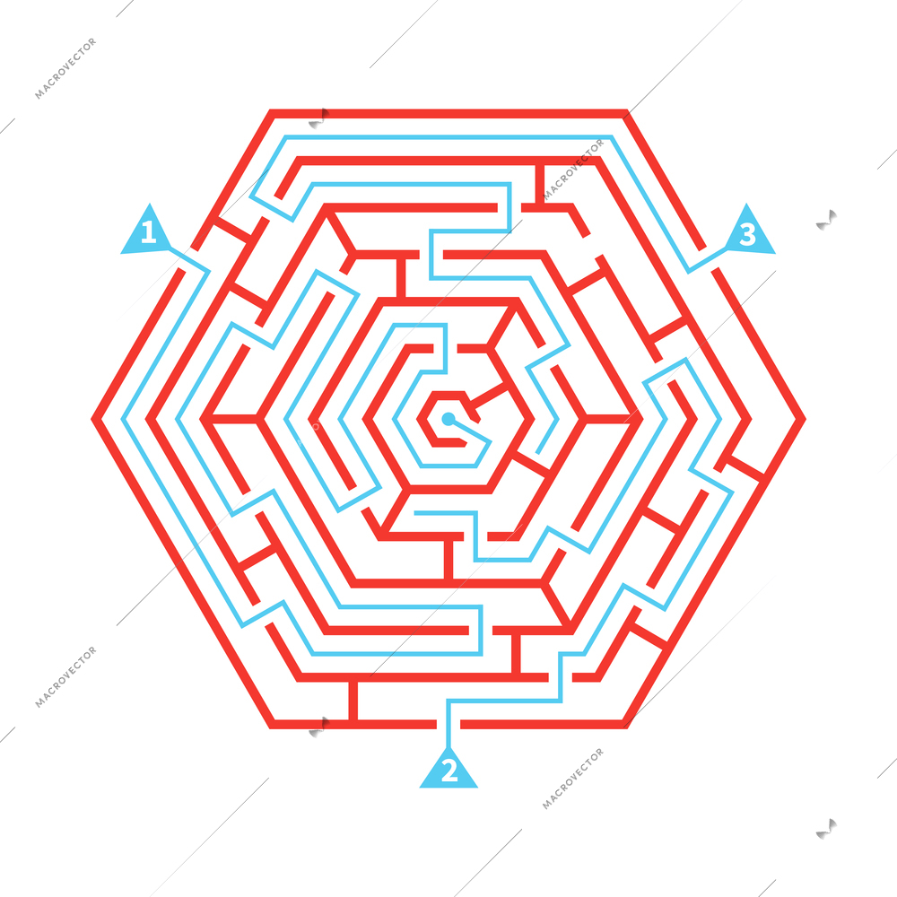 Red hexagon shape labyrinth with marked paths flat vector illustration