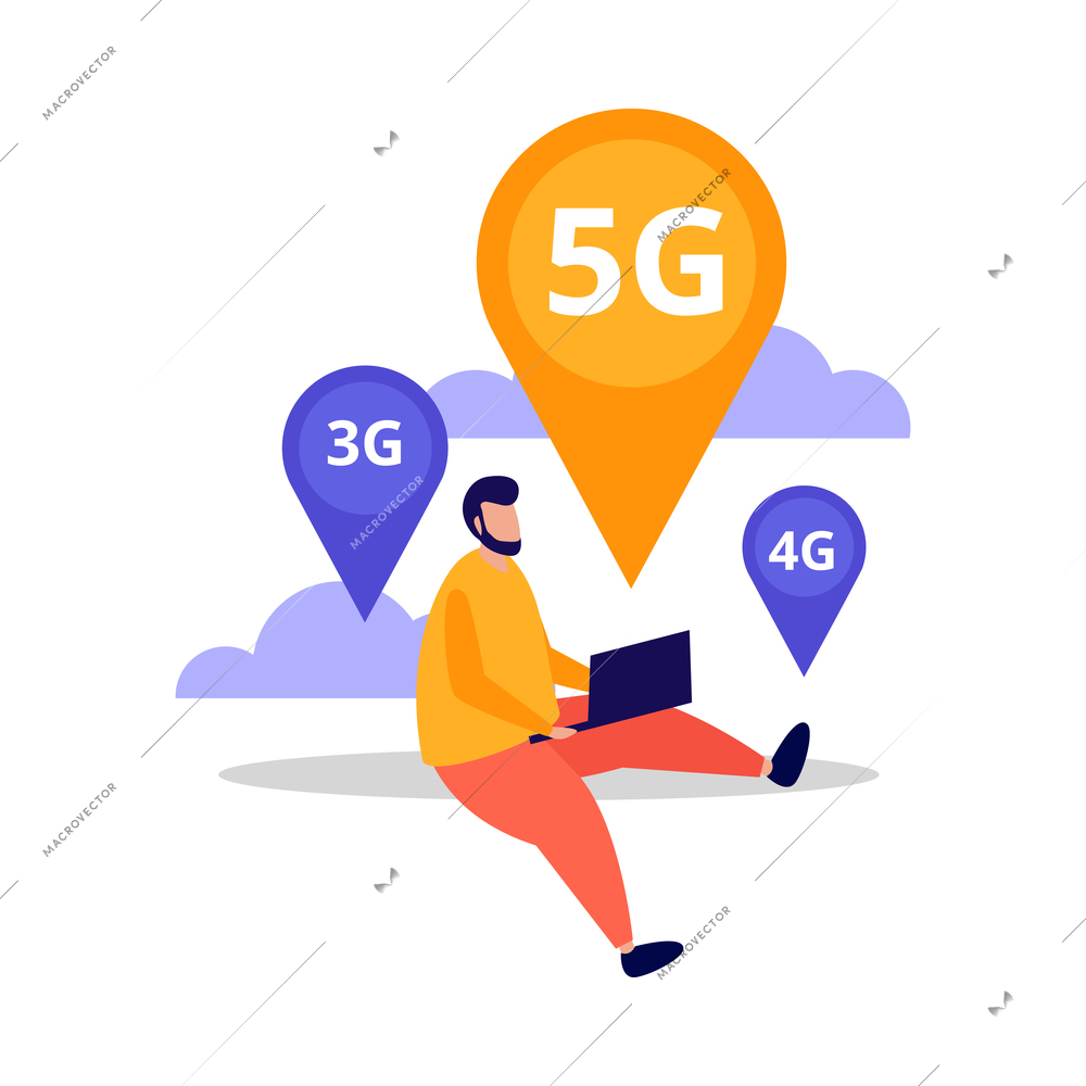 High speed 5g internet cloud technology flat composition with human character using laptop vector illustration