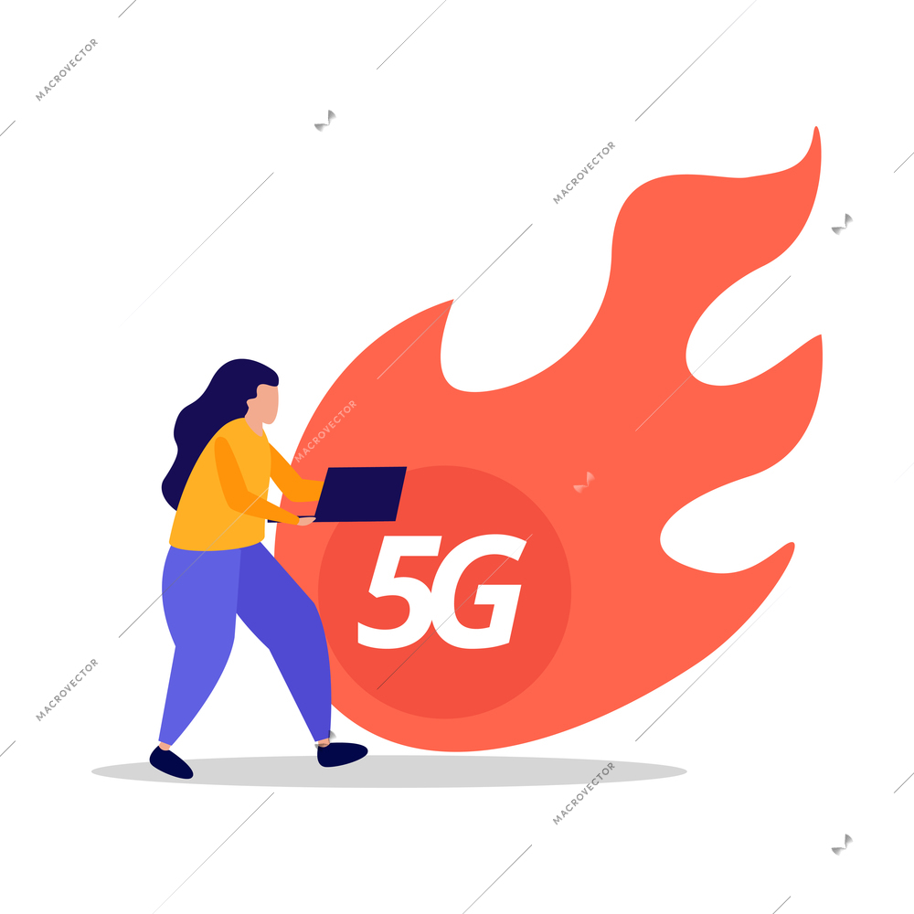 Flat style icon with female character using high speed 5g internet on laptop vector illustration