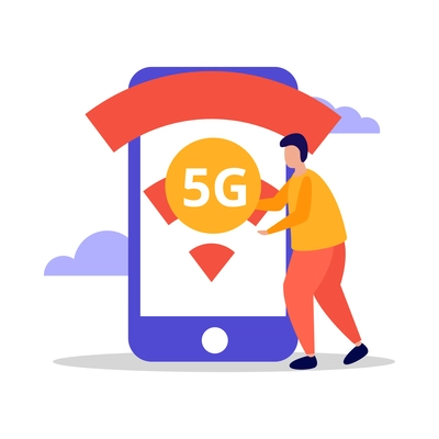 High speed 5g mobile internet connection with smartphone and human character flat icon vector illustration