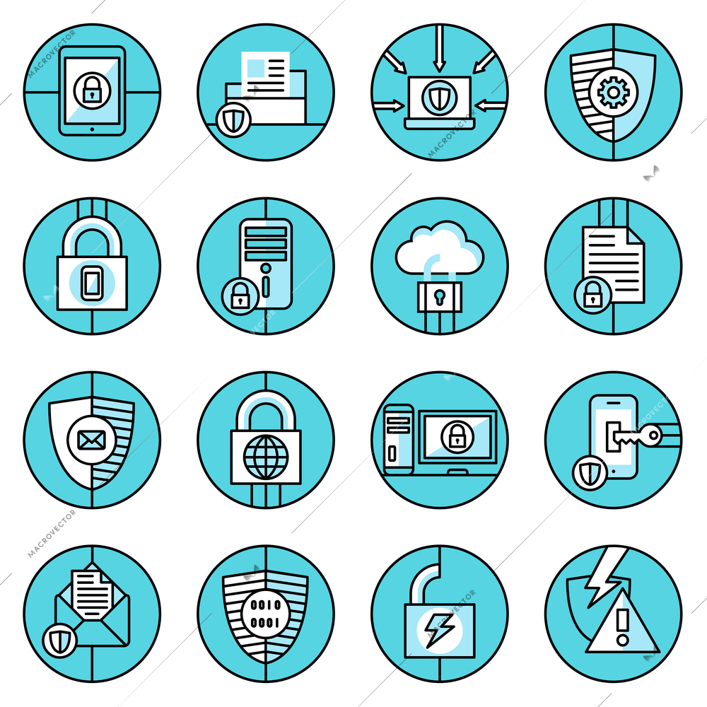 Computer data protection and secure internet information blue line icons set isolated vector illustration