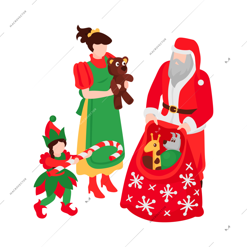 Isometric icon with characters of santa claus elf woman holding bag with toys and candy cane 3d vector illustration