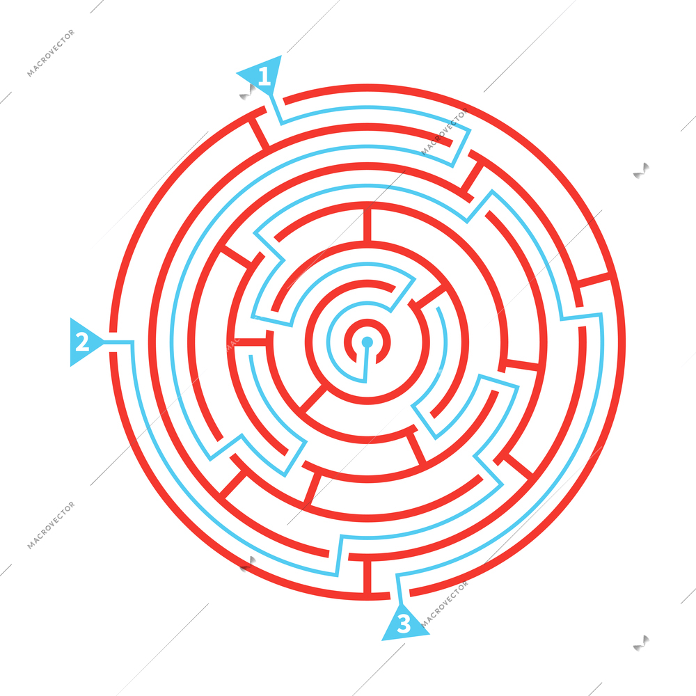 Red round labyrinth with three marked solution paths flat vector illustration